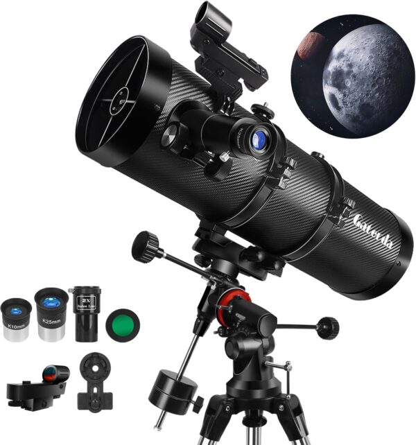 Telescope 150EQ Reflector Telescope for Adults Astronomy, Professional Manual German Equatorial Telescopes for Beginners & Kids with Eyepiece Set, Stainless Tripod, Moon Filter and Phone Adapter